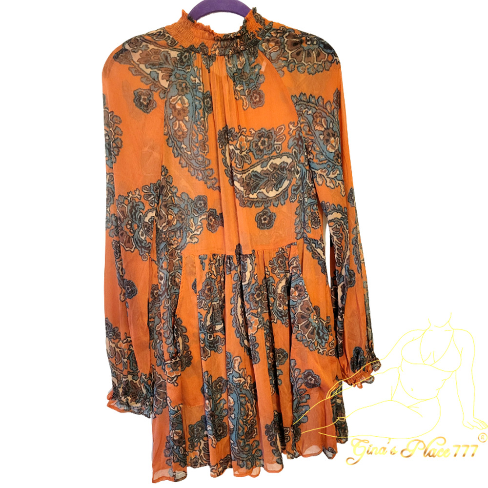 Women Free People Sheer Mini Tunic Dress With Pockets Multi Brown Paisley XS